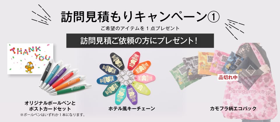 ボールペン(いずれか1本)＆ポストカード・ホテル風キーチェーン・カモフラ柄エコバッグのいずれかから1点プレゼント