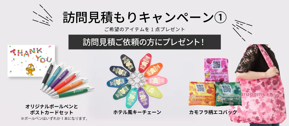 ボールペン(いずれか1本)＆ポストカード・ホテル風キーチェーン・カモフラ柄エコバッグのいずれかから1点プレゼント